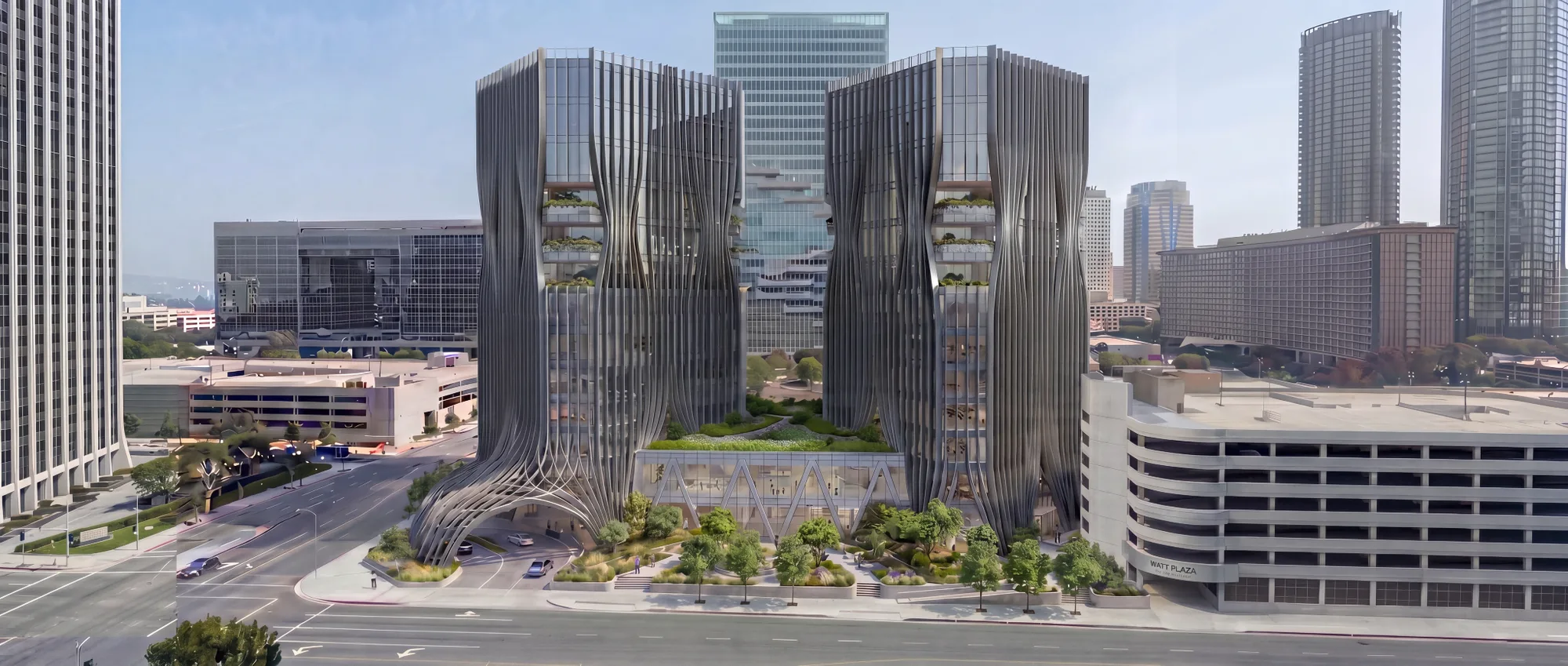 Aerial concept of two towers with sweeping facade lines and planted terraces.