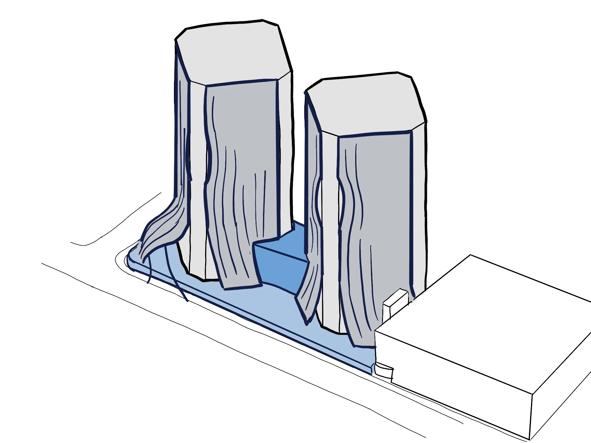 Massing sketch of two towers with a shared central amenity at the base.