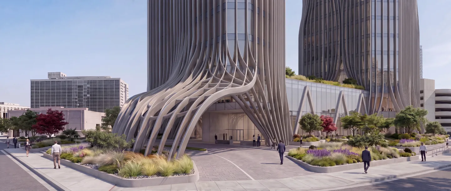 Concept view of a sculpted fin facade meeting a planted plaza at street level.