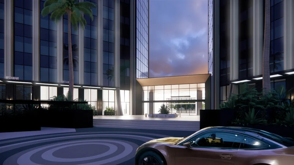 Concept view of the main entry with a canopy and a car on a patterned drive.
