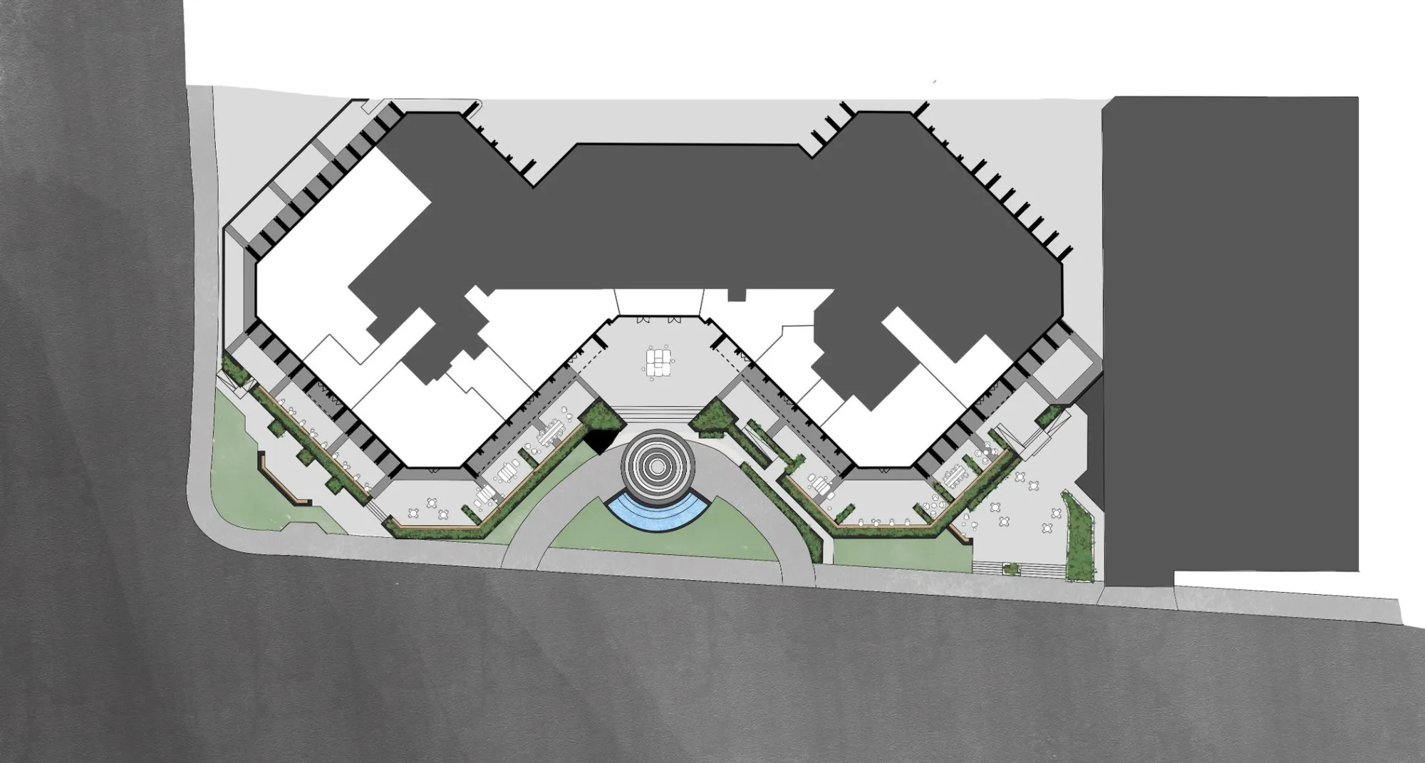 Plan of the plaza with new paths, planting and a central fountain.