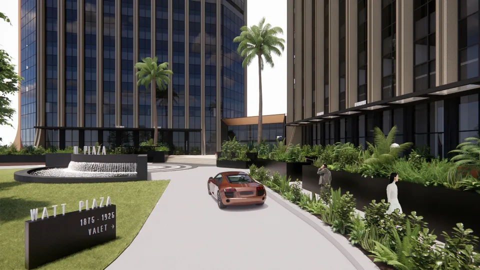 Concept view of the street approach with a Watt Plaza sign, lawn and planting.