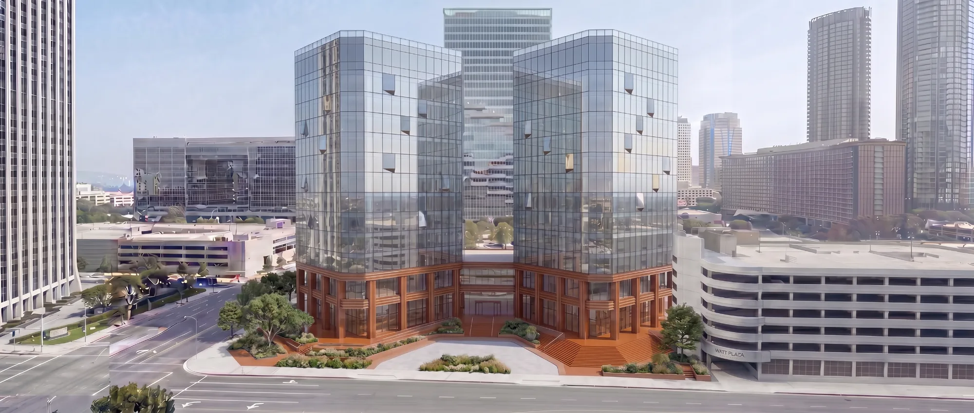 Aerial concept of glass towers above a terracotta-clad base with landscaped terraces.
