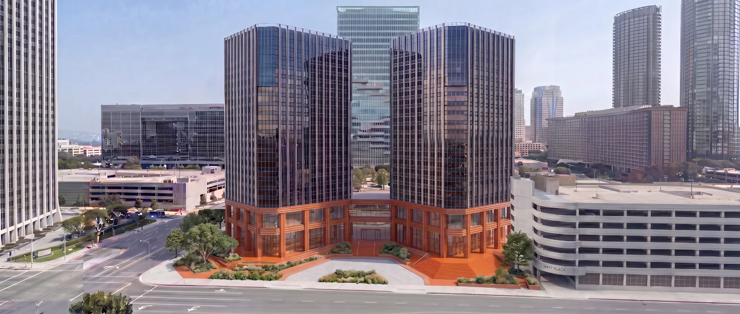 Concept view of two glass towers with a darker facade over a terracotta base.