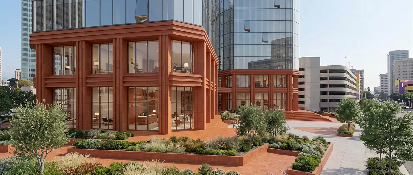 Concept view of a terracotta-clad retail building with outdoor terraces.