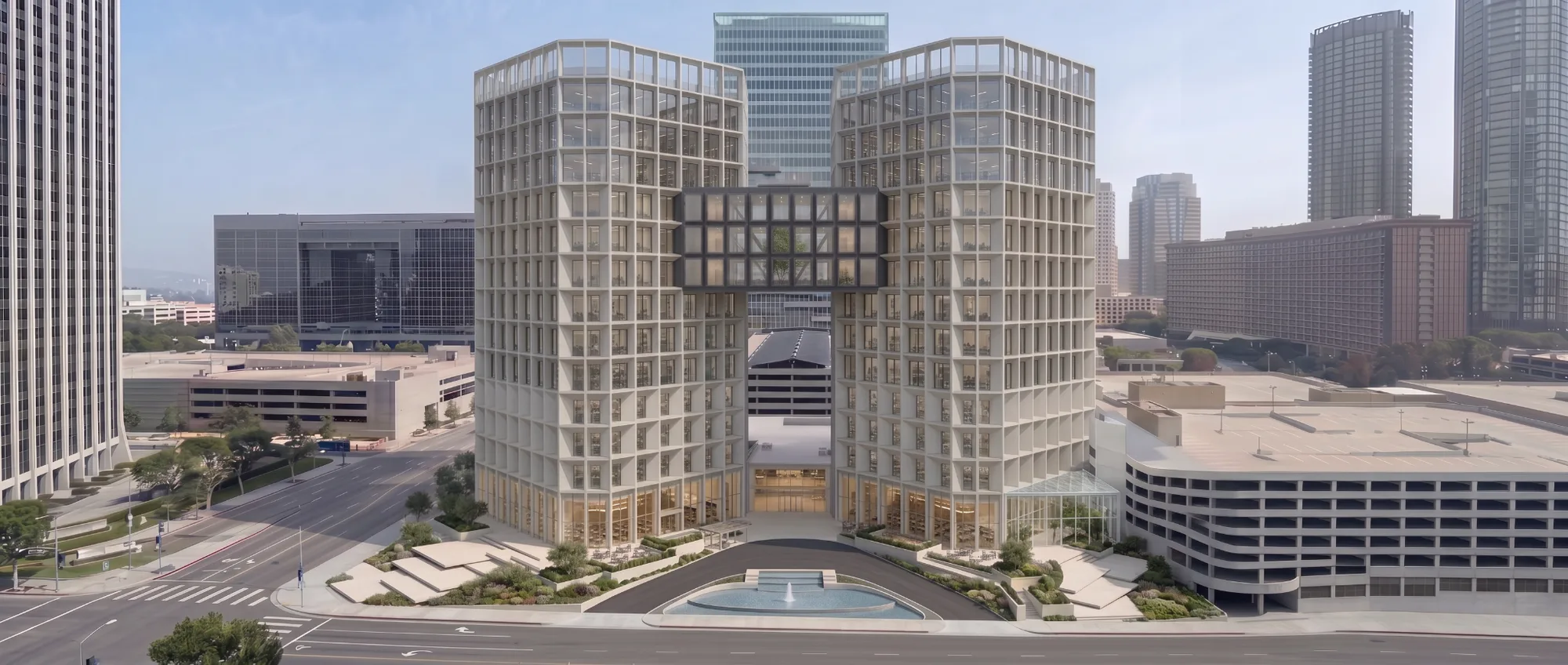 Aerial concept of two cream towers linked by a bridge above a fountain plaza.