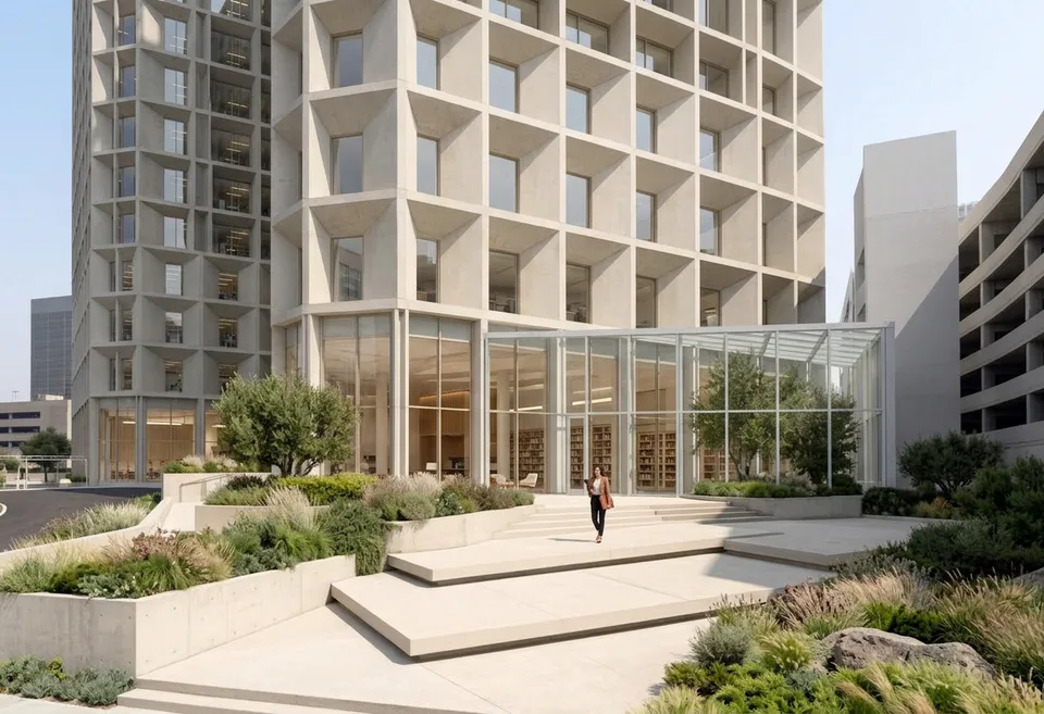 Concept view of a glass atrium entrance with terraced steps and planting.
