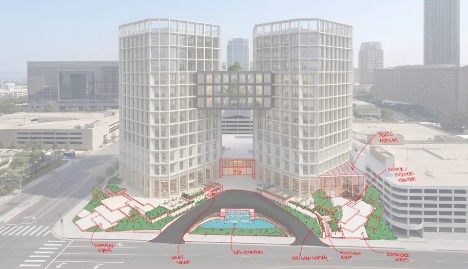 A generated view of two towers with red annotations specifying changes.